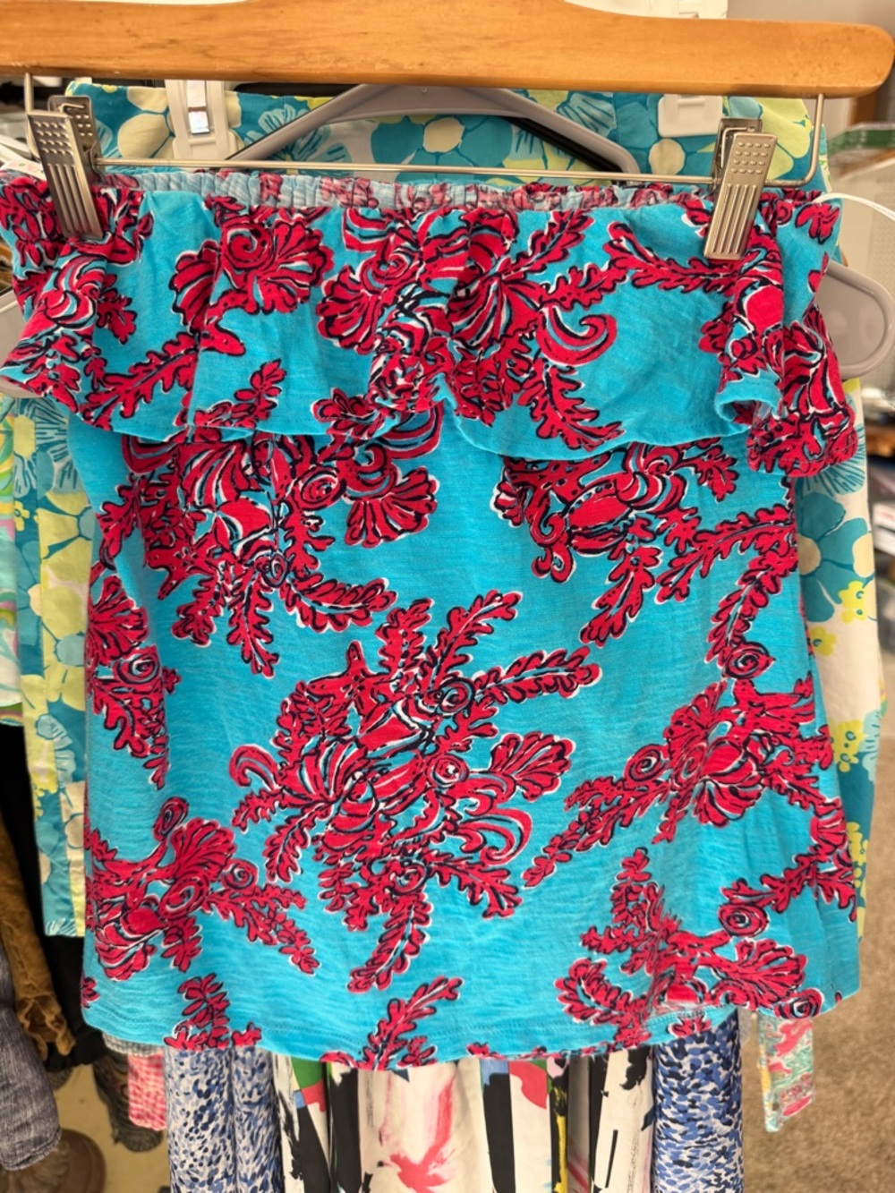 Lilly Pulitzer Turquoise and Fuchsia Off-Shoulder Ruffle Top